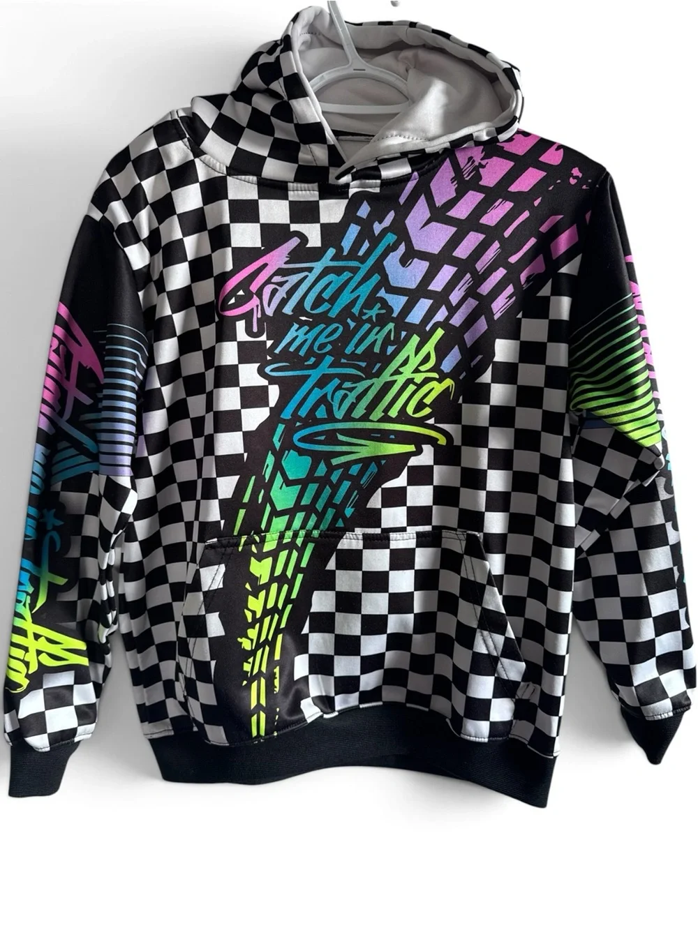 Checkerboard Hooded Sweatshirt with Neon Script CMIT Bike Catch Me in Traffic
